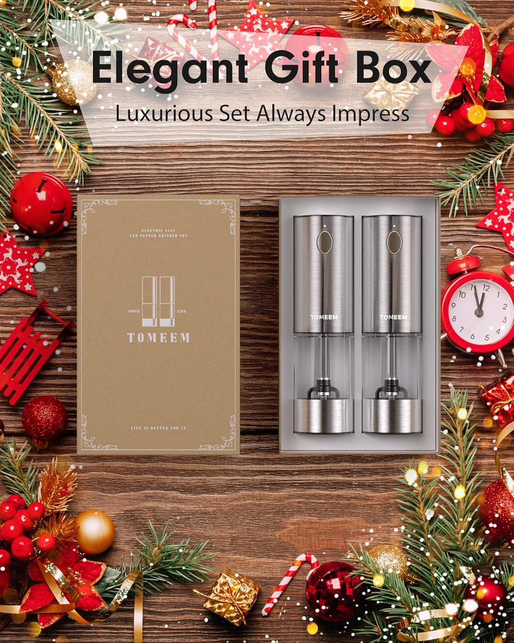 Electric Salt and Pepper Grinder Set Rechargeable with LED Lights, Stainless Steel Automatic Pepper and Salt Grinder Refillable with 5 Adjustable