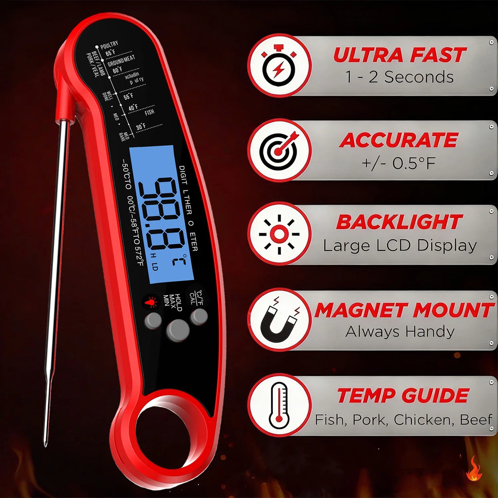 Digital Meat Thermometer for Grilling & Cooking – Waterproof Ultra-Fast Instant Read Food Thermometer with Backlight & Calibration for Kitchen, Deep Fry & BBQ