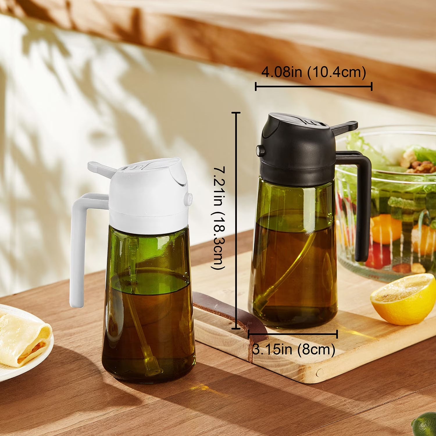 16Oz Olive Oil Sprayer for Cooking, 2 in 1 Olive Oil Spray Bottle and Oil Dispenser with Stickers for Kitchen, Salad, BBQ & Air Fryer, Black&Green