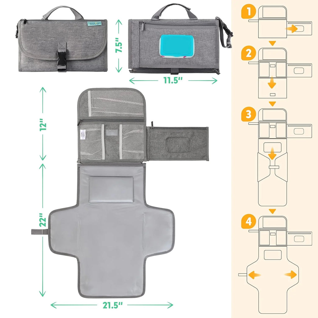 Portable Diaper Changing Pad with Wipes Pocket, Travel Changing Mat for Baby, Premium Grey, 1 Piece