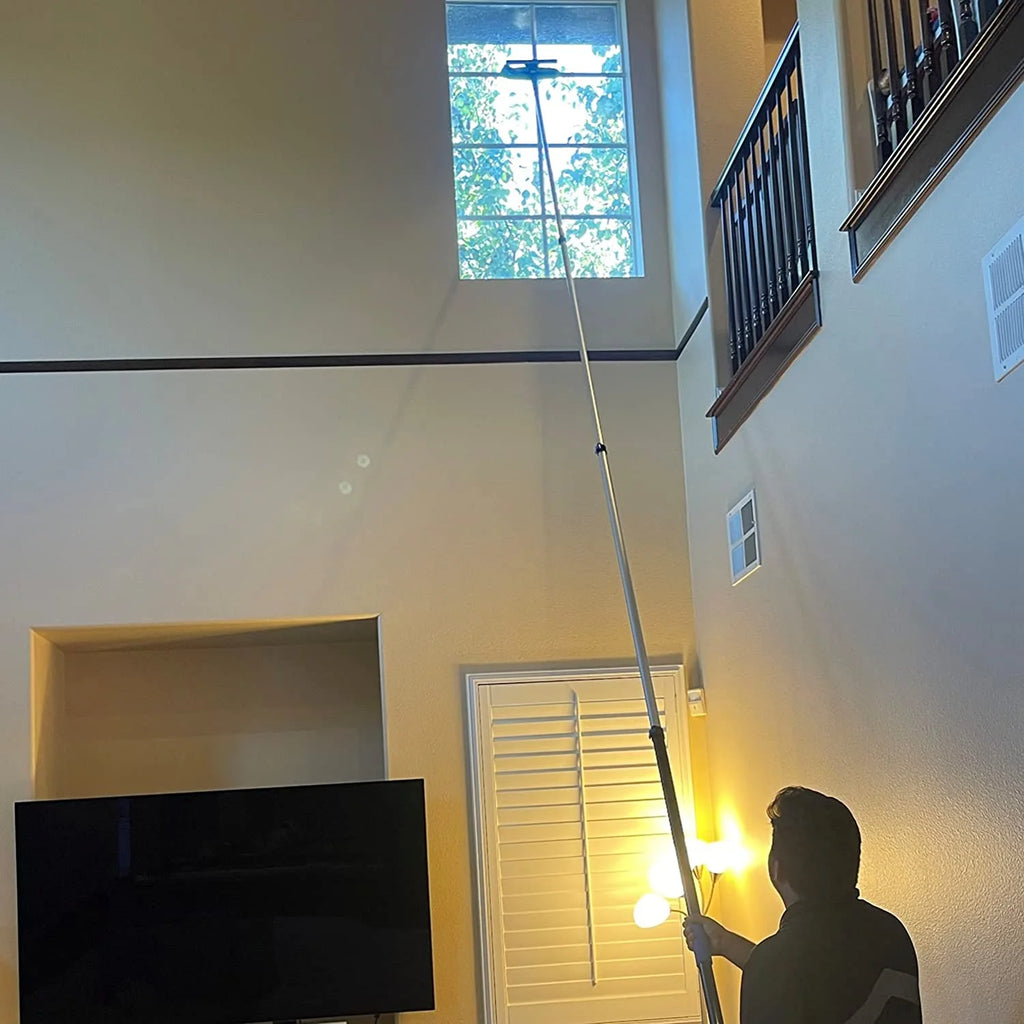 20FT High Ceiling Fan Duster with 5–12FT Extension Pole, Telescoping Duster Kit with Cobweb, Feather, Window Squeegee & Microfiber Brush – Blue