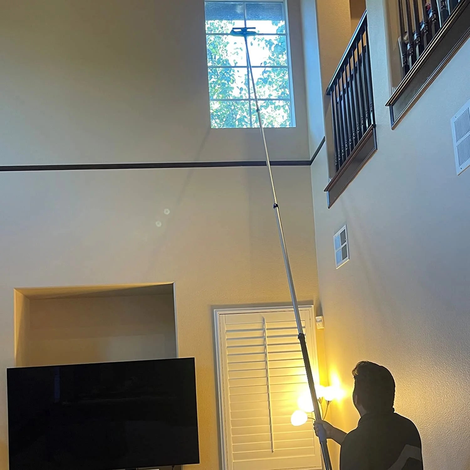20FT High Ceiling Fan Duster with 5–12FT Extension Pole, Telescoping Duster Kit with Cobweb, Feather, Window Squeegee & Microfiber Brush – Blue