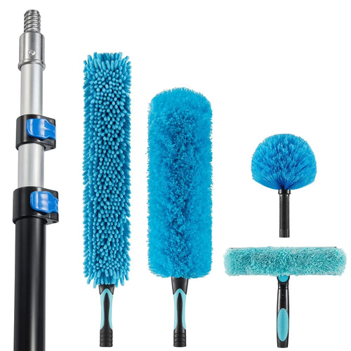 20FT High Ceiling Fan Duster with 5–12FT Extension Pole, Telescoping Duster Kit with Cobweb, Feather, Window Squeegee & Microfiber Brush – Blue