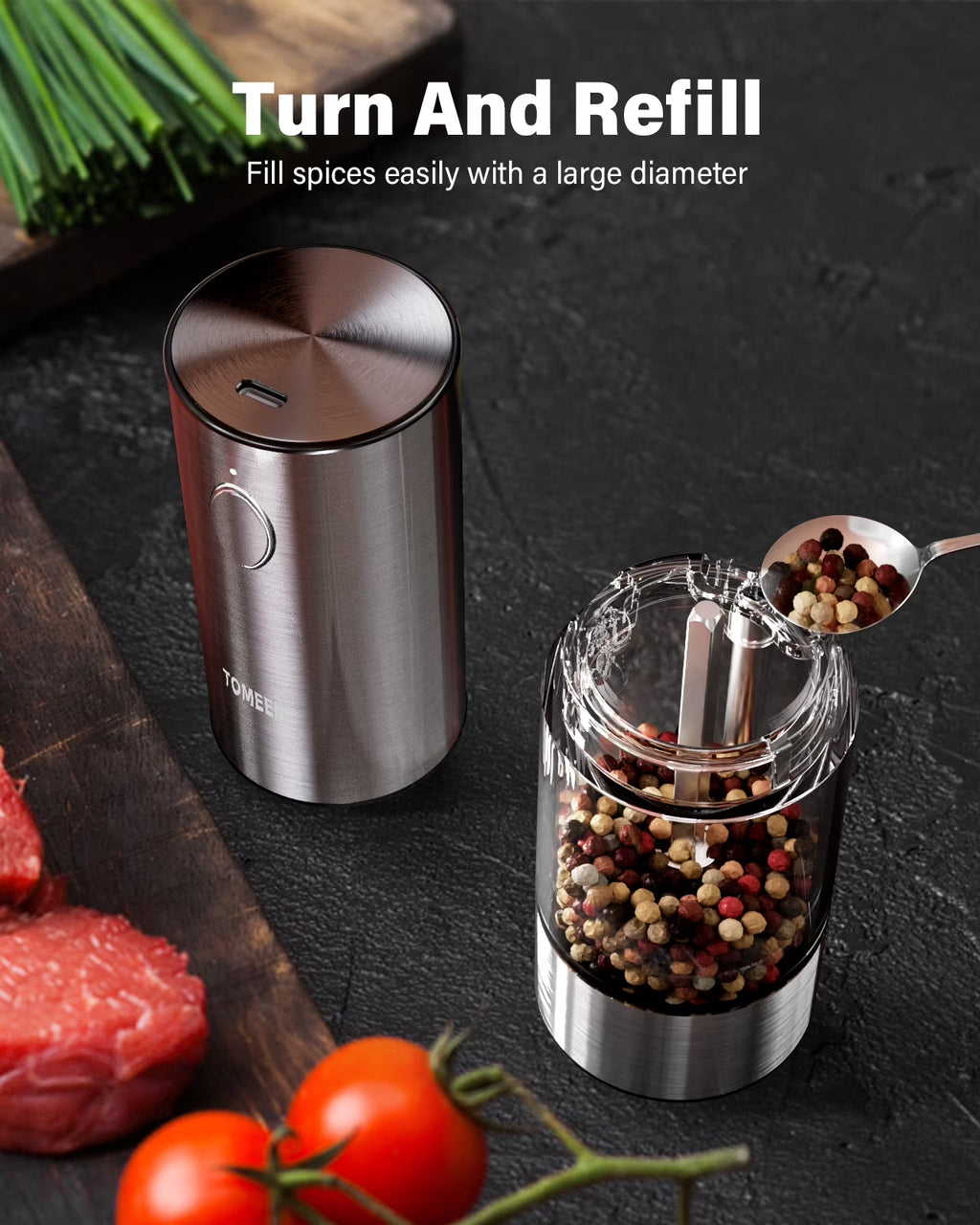Electric Salt and Pepper Grinder Set Rechargeable with LED Lights, Stainless Steel Automatic Pepper and Salt Grinder Refillable with 5 Adjustable