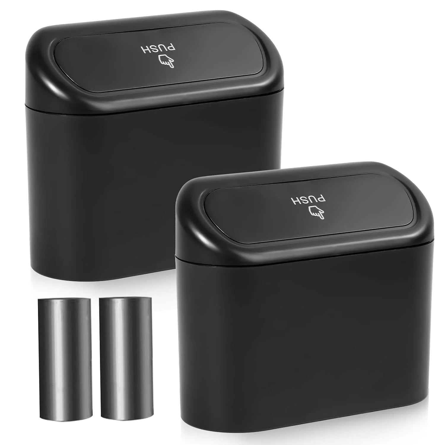 Car Trash Can with Lid - 2 Pack, Mini Auto Garbage Can with 60 Trash Bags, Leakproof Automotive Garbage Container Bin, Multipurpose Organizers and Storage for Car, Home, Office (Black)