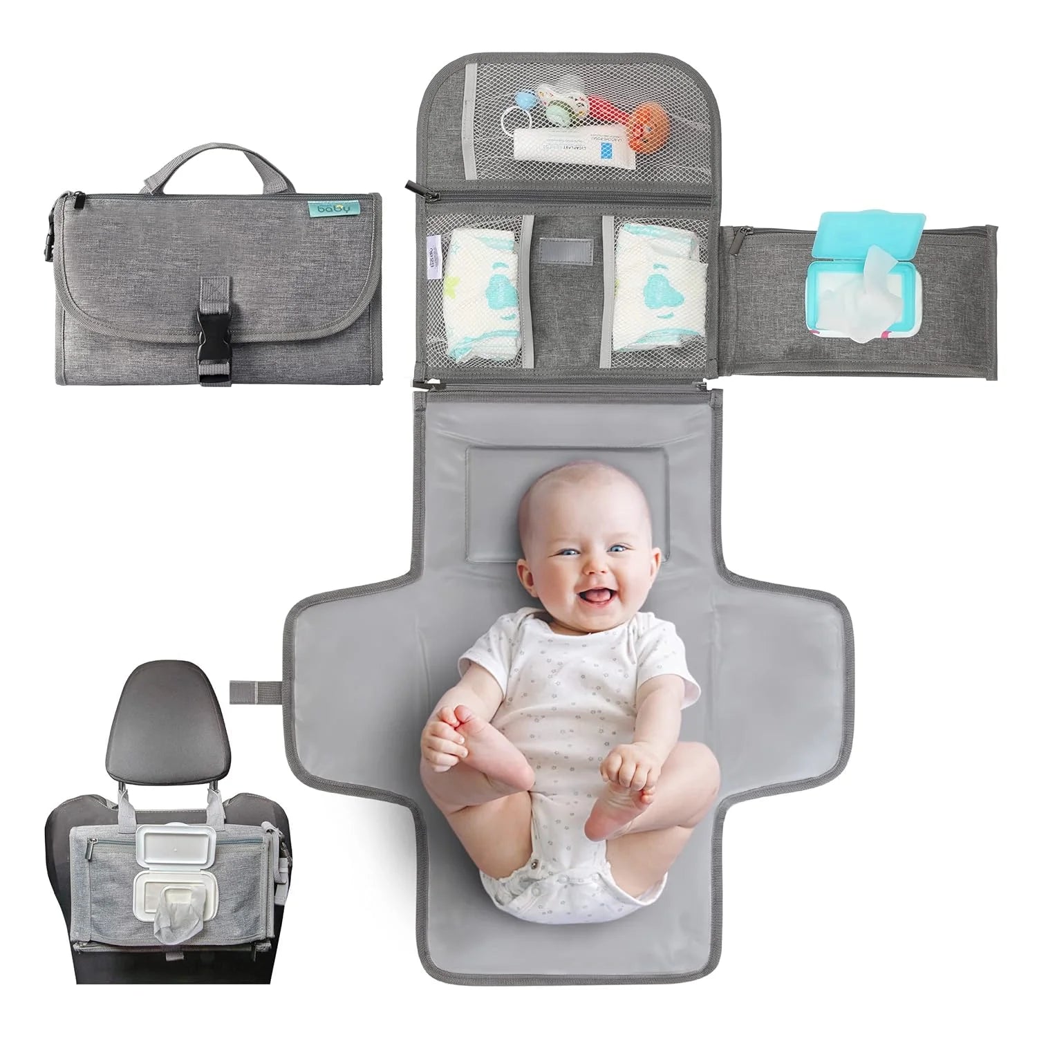 Portable Diaper Changing Pad with Wipes Pocket, Travel Changing Mat for Baby, Premium Grey, 1 Piece