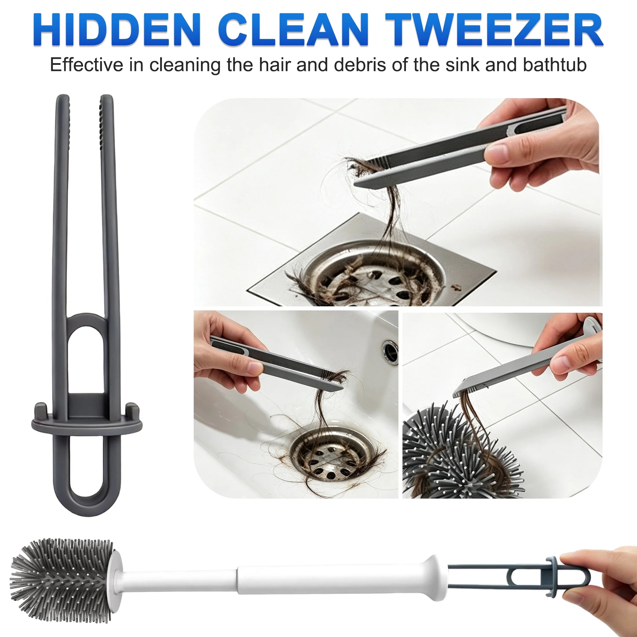 Silicone Toilet Brush with Holder Set, 2-In-1 Bathroom Cleaning Brush with Hidden Tweezer, Deep Cleaning for Toilets, Sinks and Bathtubs, 2 Pack