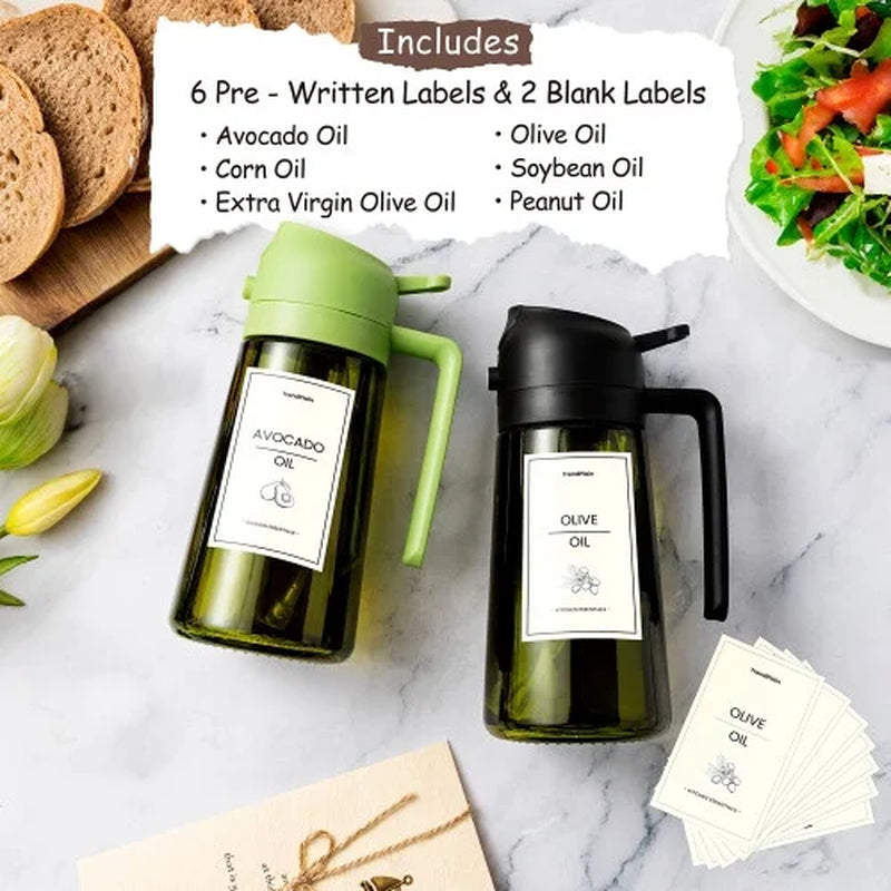 16Oz Olive Oil Sprayer for Cooking, 2 in 1 Olive Oil Spray Bottle and Oil Dispenser with Stickers for Kitchen, Salad, BBQ & Air Fryer, Black&Green