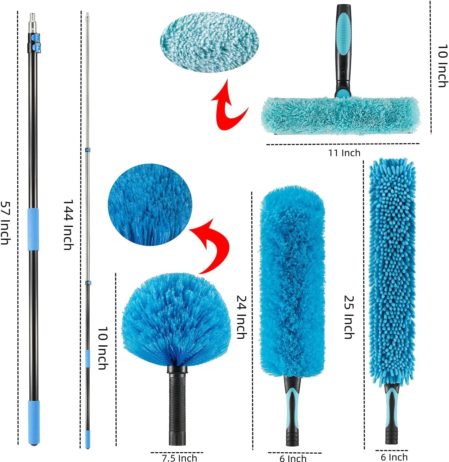 20FT High Ceiling Fan Duster with 5–12FT Extension Pole, Telescoping Duster Kit with Cobweb, Feather, Window Squeegee & Microfiber Brush – Blue