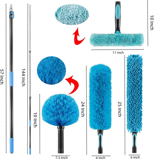 20FT High Ceiling Fan Duster with 5–12FT Extension Pole, Telescoping Duster Kit with Cobweb, Feather, Window Squeegee & Microfiber Brush – Blue