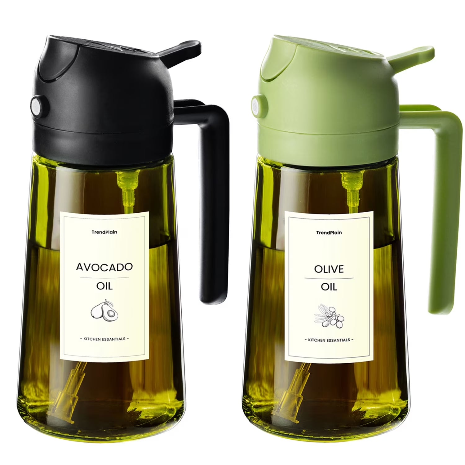 16Oz Olive Oil Sprayer for Cooking, 2 in 1 Olive Oil Spray Bottle and Oil Dispenser with Stickers for Kitchen, Salad, BBQ & Air Fryer, Black&Green