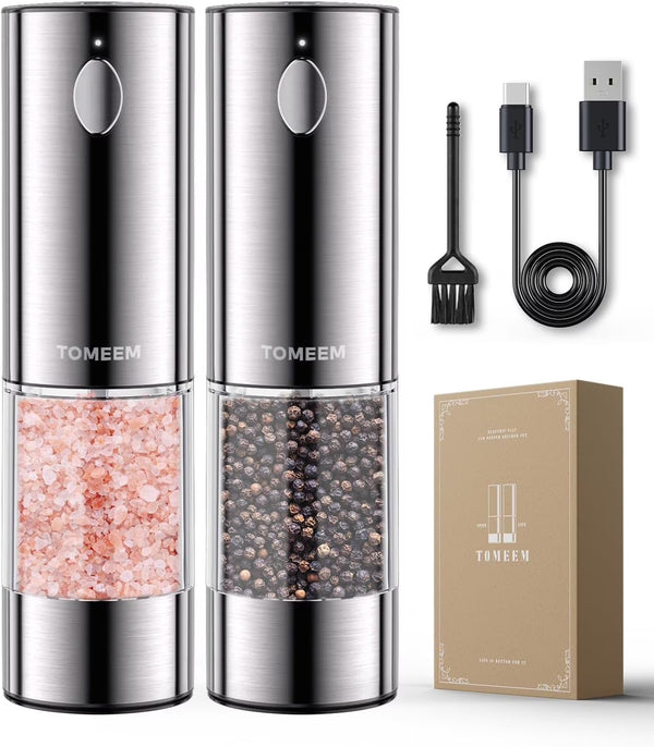 Electric Salt and Pepper Grinder Set Rechargeable with LED Lights, Stainless Steel Automatic Pepper and Salt Grinder Refillable with 5 Adjustable