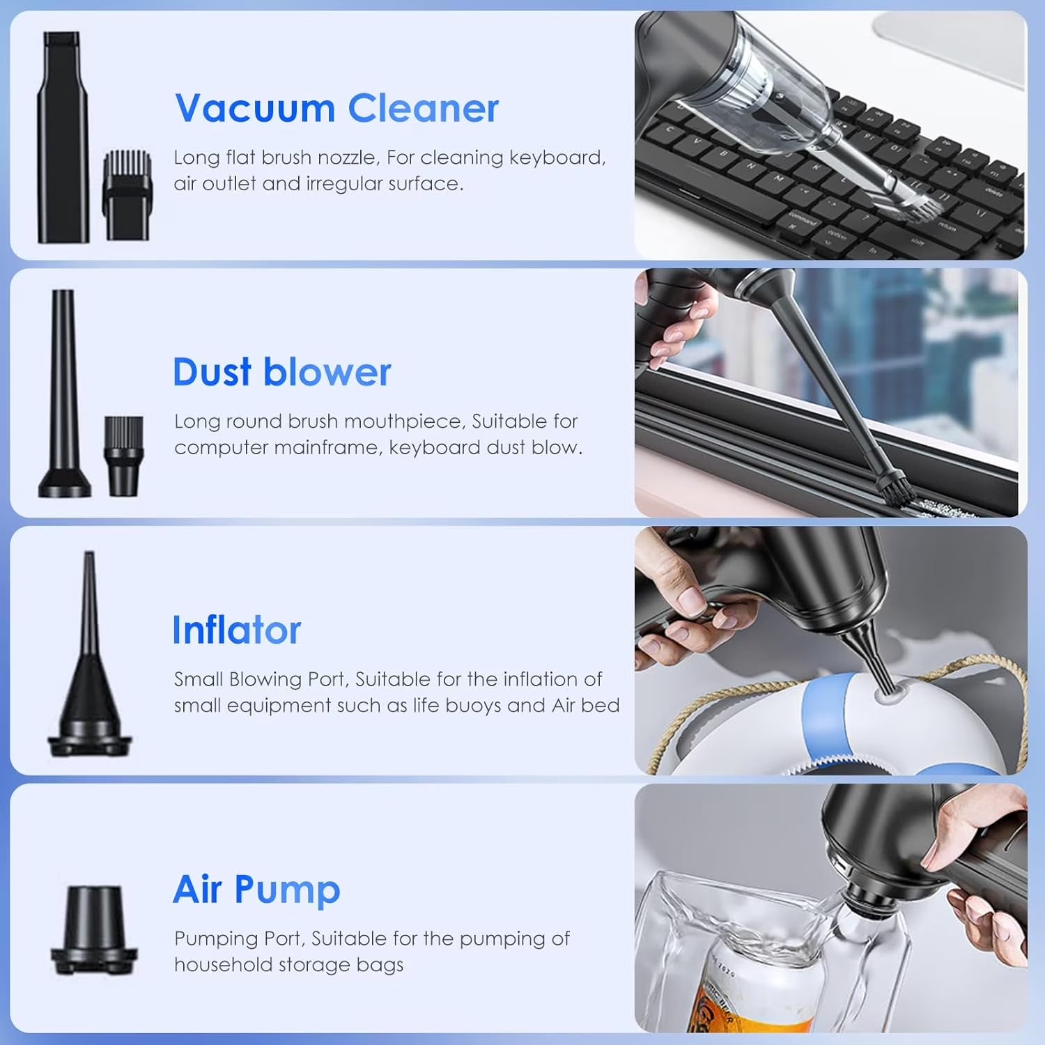 Car Handheld Vacuum Cleaner, 12000Pa Portable 3 in 1 Cordless Air Duster & Air Blower & Pump Mini Dust Vacuum with 4000Mah Battery, Multi-Nozzles for Car Home Office
