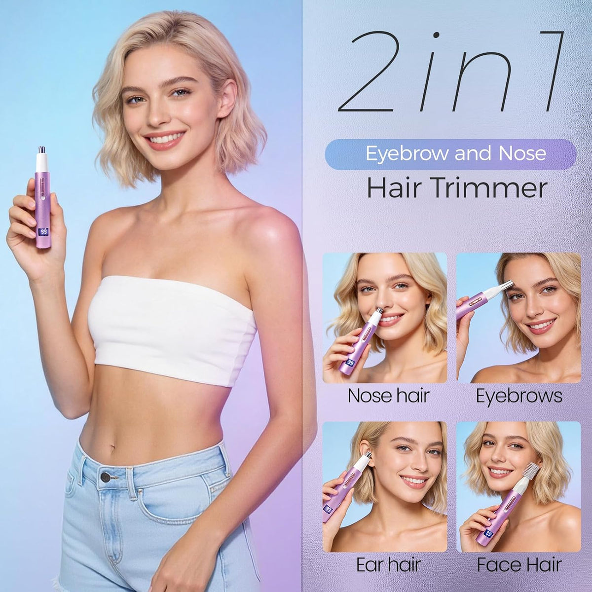 Ultimate 2-in-1 LED Display Nose and Eyebrow Hair Trimmer for Effortless Grooming - Rechargeable, Painless, and Travel-Friendly