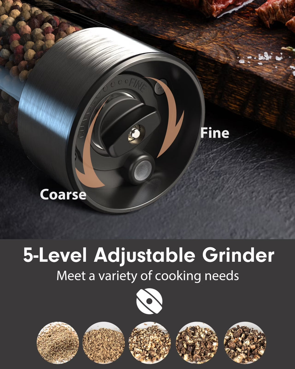 Electric Salt and Pepper Grinder Set Rechargeable with LED Lights, Stainless Steel Automatic Pepper and Salt Grinder Refillable with 5 Adjustable