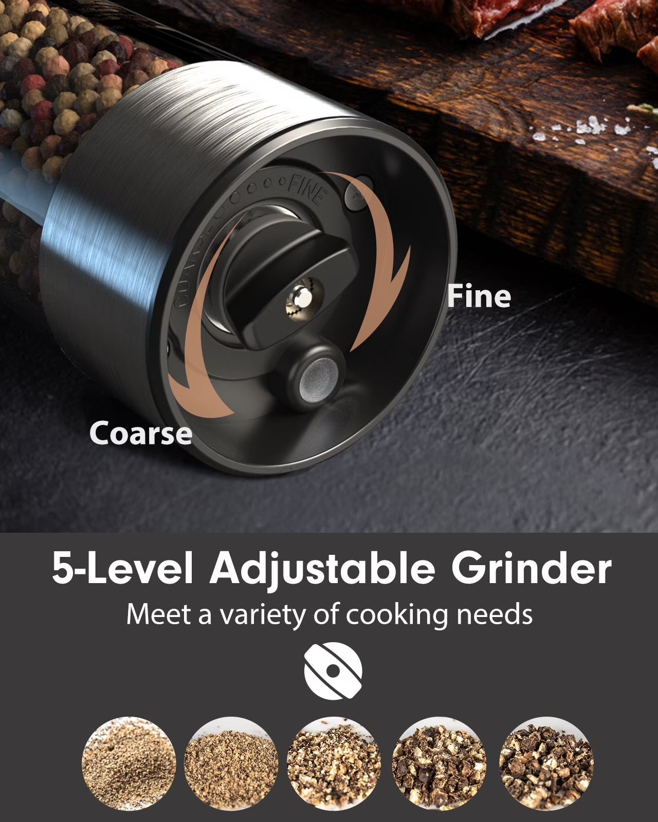 Electric Salt and Pepper Grinder Set Rechargeable with LED Lights, Stainless Steel Automatic Pepper and Salt Grinder Refillable with 5 Adjustable