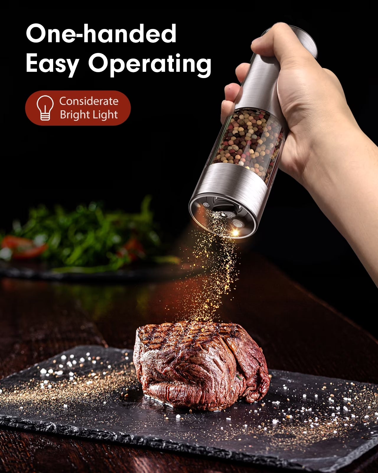 Electric Salt and Pepper Grinder Set Rechargeable with LED Lights, Stainless Steel Automatic Pepper and Salt Grinder Refillable with 5 Adjustable