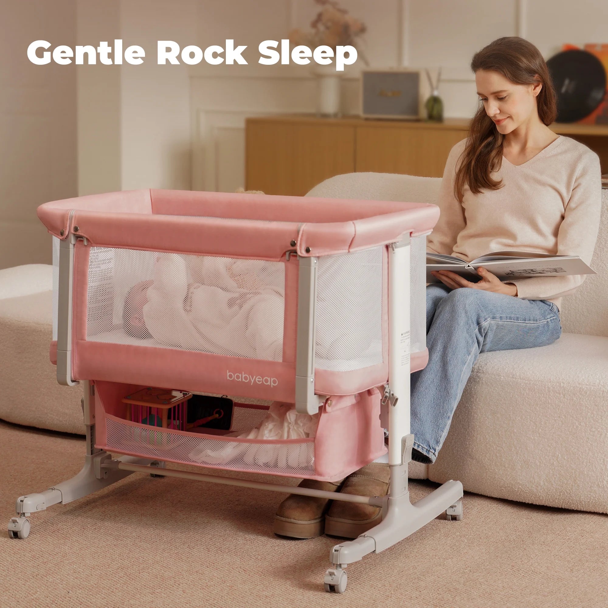 Baby Bassinet for Newborn with Large Storage Basket, Pink