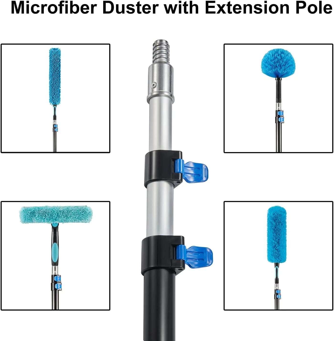 20FT High Ceiling Fan Duster with 5–12FT Extension Pole, Telescoping Duster Kit with Cobweb, Feather, Window Squeegee & Microfiber Brush – Blue