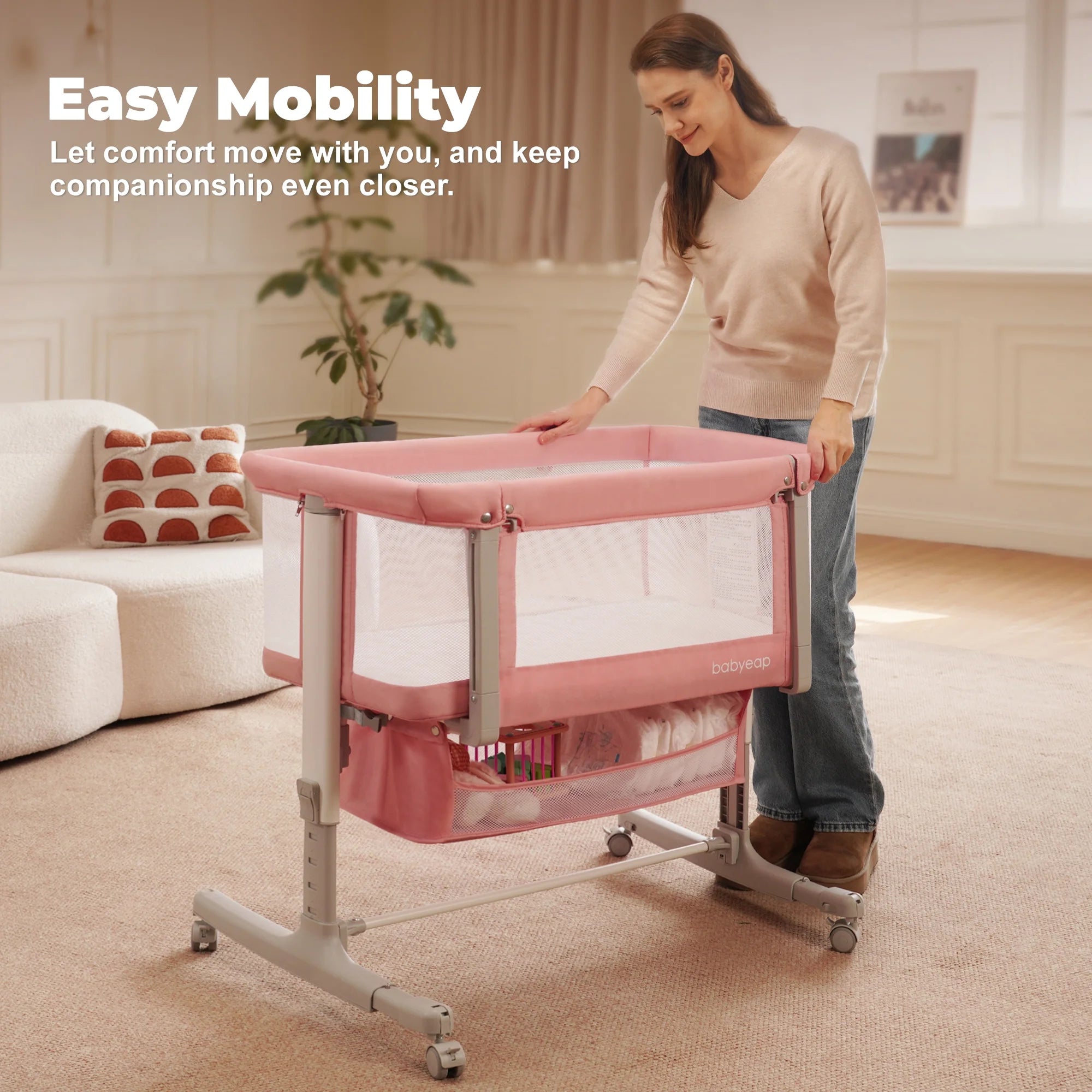 Baby Bassinet for Newborn with Large Storage Basket, Pink