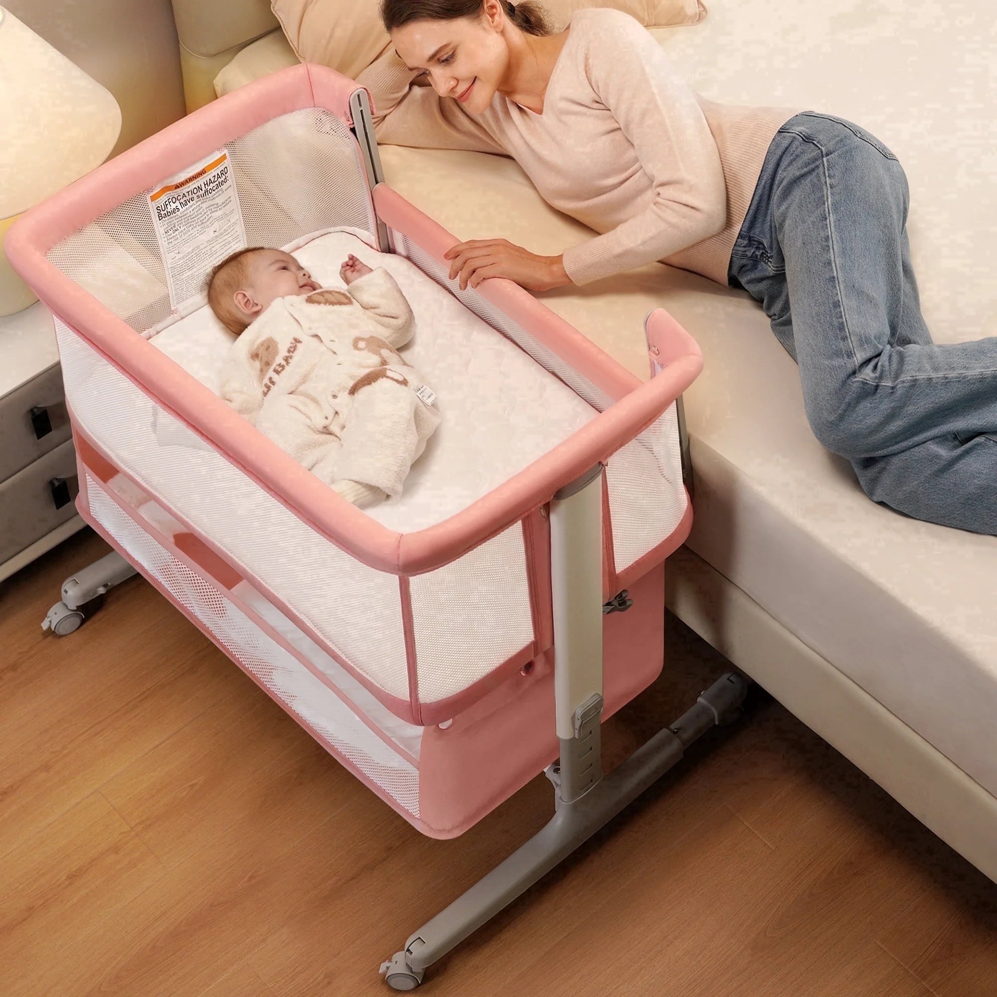 Bedside Bassinet for Tall Bed with Adjustable Height and Storage Basket