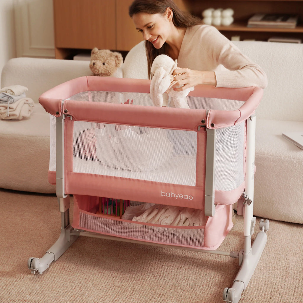 bedside-bassinet-for-tall-bed-with-adjustable-height-and-storage-basket
