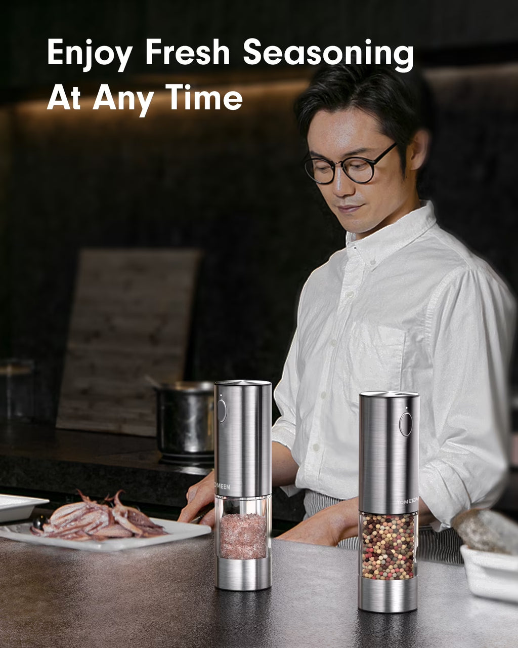 Electric Salt and Pepper Grinder Set Rechargeable with LED Lights, Stainless Steel Automatic Pepper and Salt Grinder Refillable with 5 Adjustable