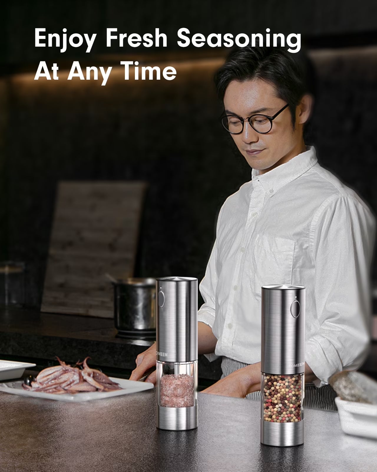 Electric Salt and Pepper Grinder Set Rechargeable with LED Lights, Stainless Steel Automatic Pepper and Salt Grinder Refillable with 5 Adjustable