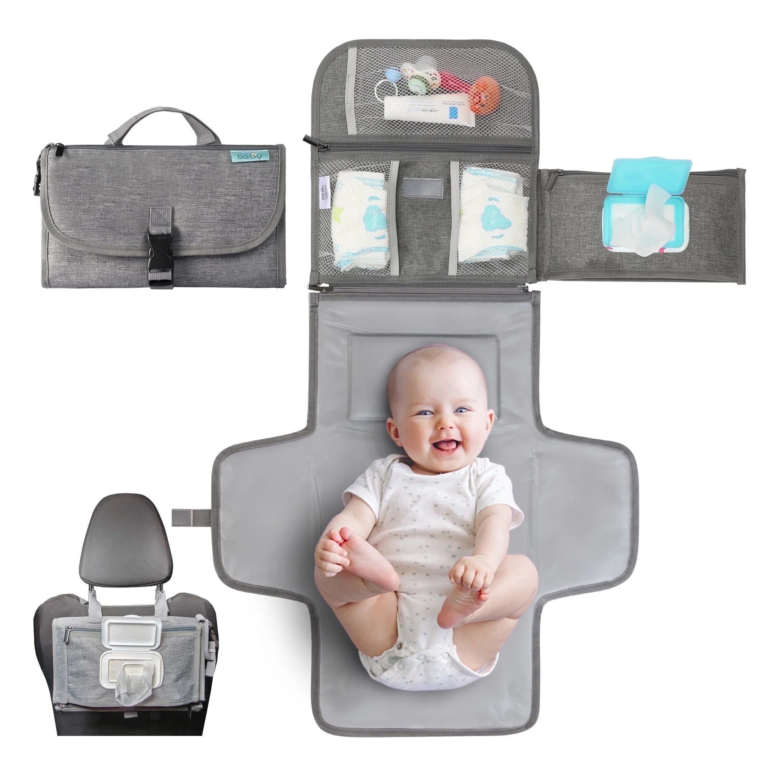 Portable Diaper Changing Pad with Wipes Pocket, Travel Changing Mat for Baby, Premium Grey, 1 Piece