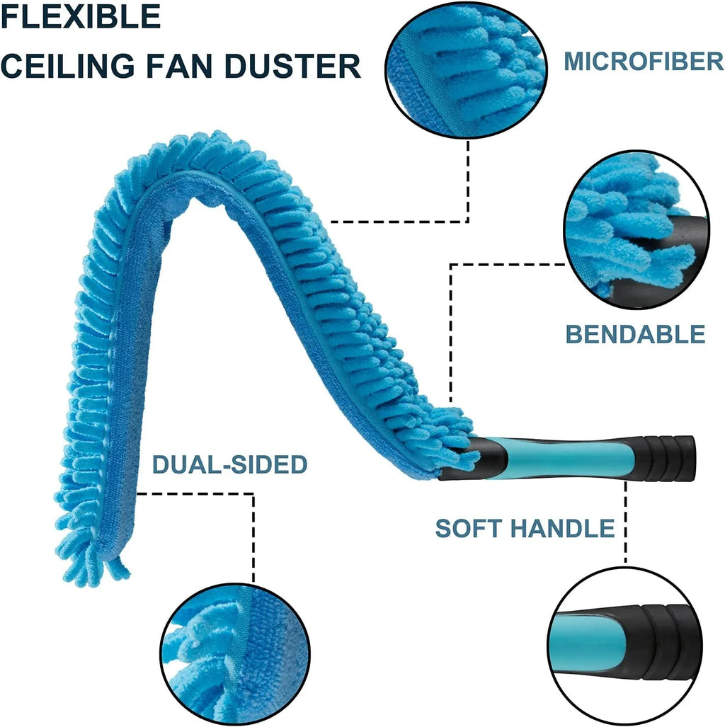 20FT High Ceiling Fan Duster with 5–12FT Extension Pole, Telescoping Duster Kit with Cobweb, Feather, Window Squeegee & Microfiber Brush – Blue