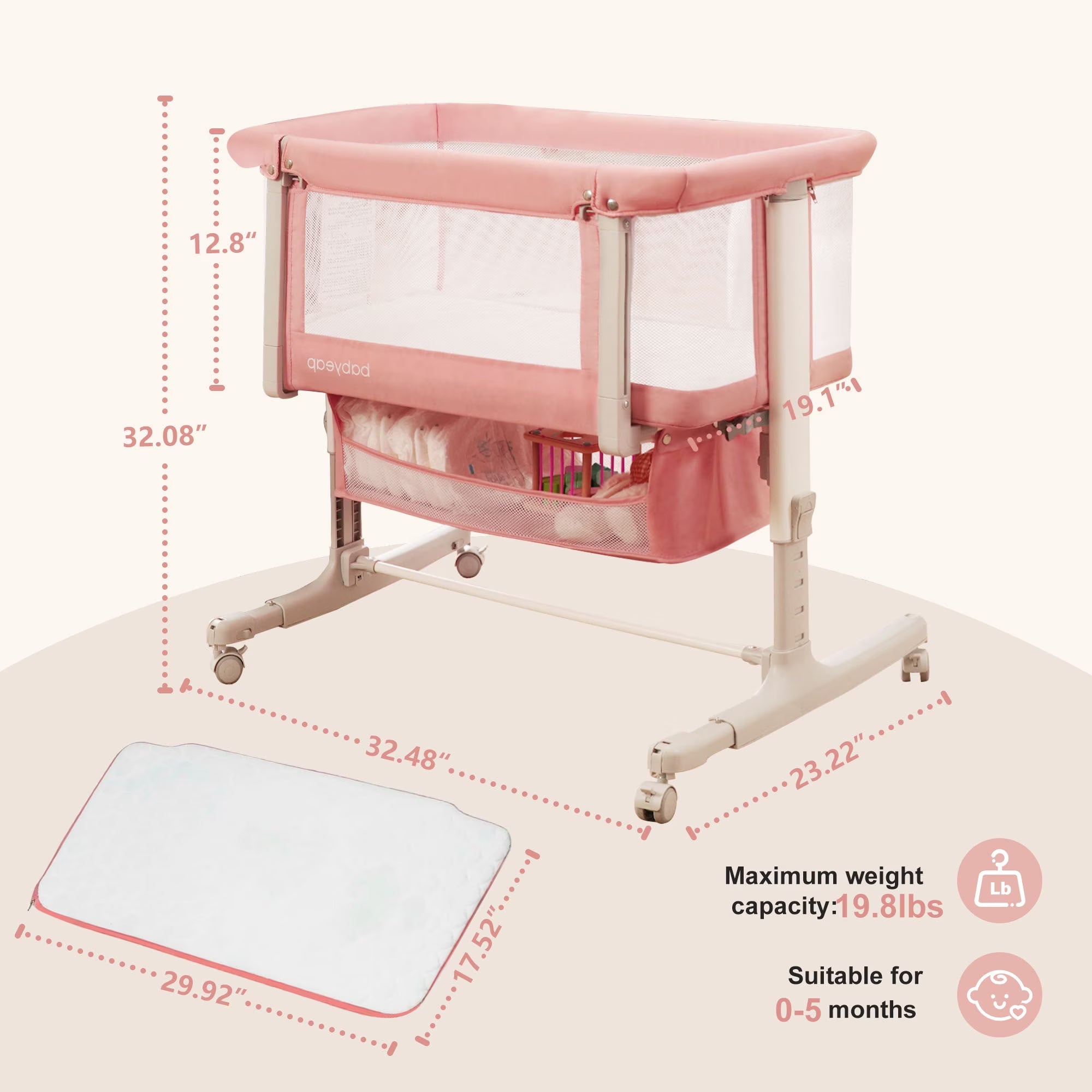 Baby Bassinet for Newborn with Large Storage Basket, Pink