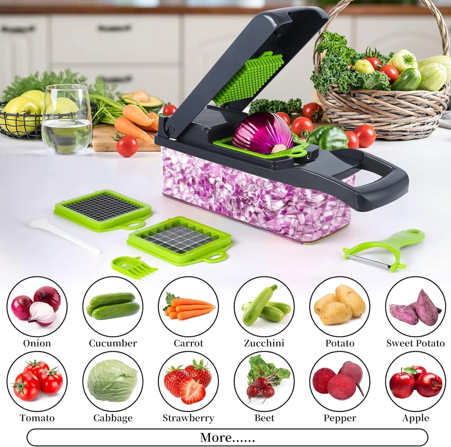 Vegetable Chopper, Pro Onion Chopper, 14 in 1Multifunctional Food Chopper, Kitchen Vegetable Slicer Dicer Cutter,Veggie Chopper with 8 Blades,Carrot Chopper with Container-Kitchen Essentials(Grey)