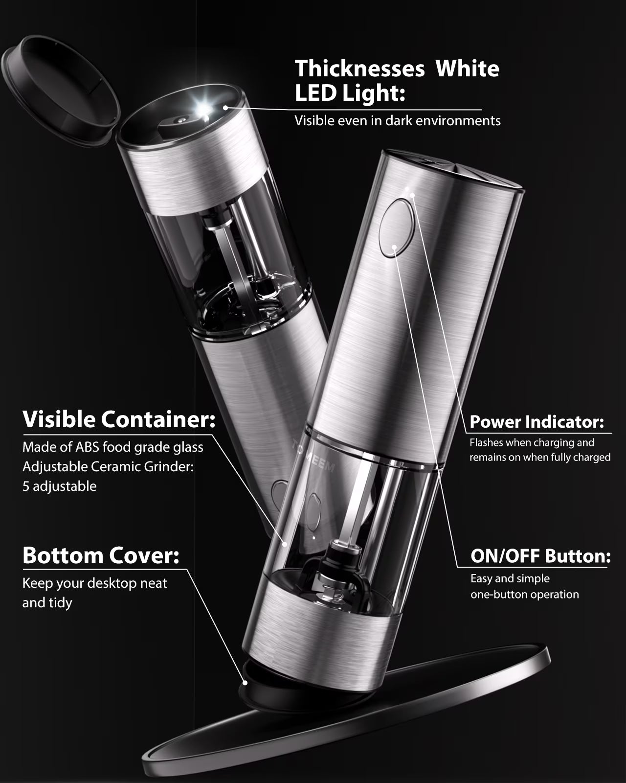 Electric Salt and Pepper Grinder Set Rechargeable with LED Lights, Stainless Steel Automatic Pepper and Salt Grinder Refillable with 5 Adjustable