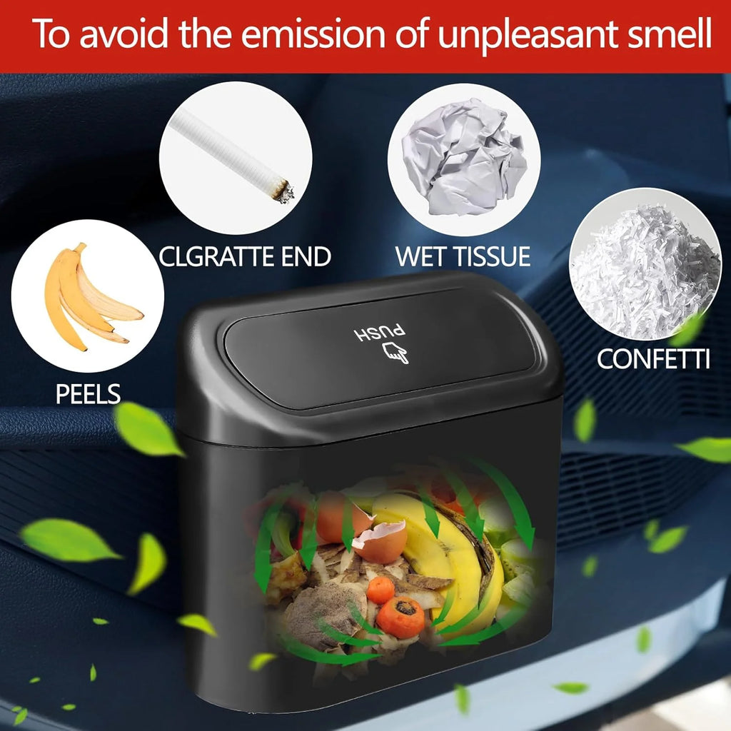 Car Trash Can with Lid - 2 Pack, Mini Auto Garbage Can with 60 Trash Bags, Leakproof Automotive Garbage Container Bin, Multipurpose Organizers and Storage for Car, Home, Office (Black)