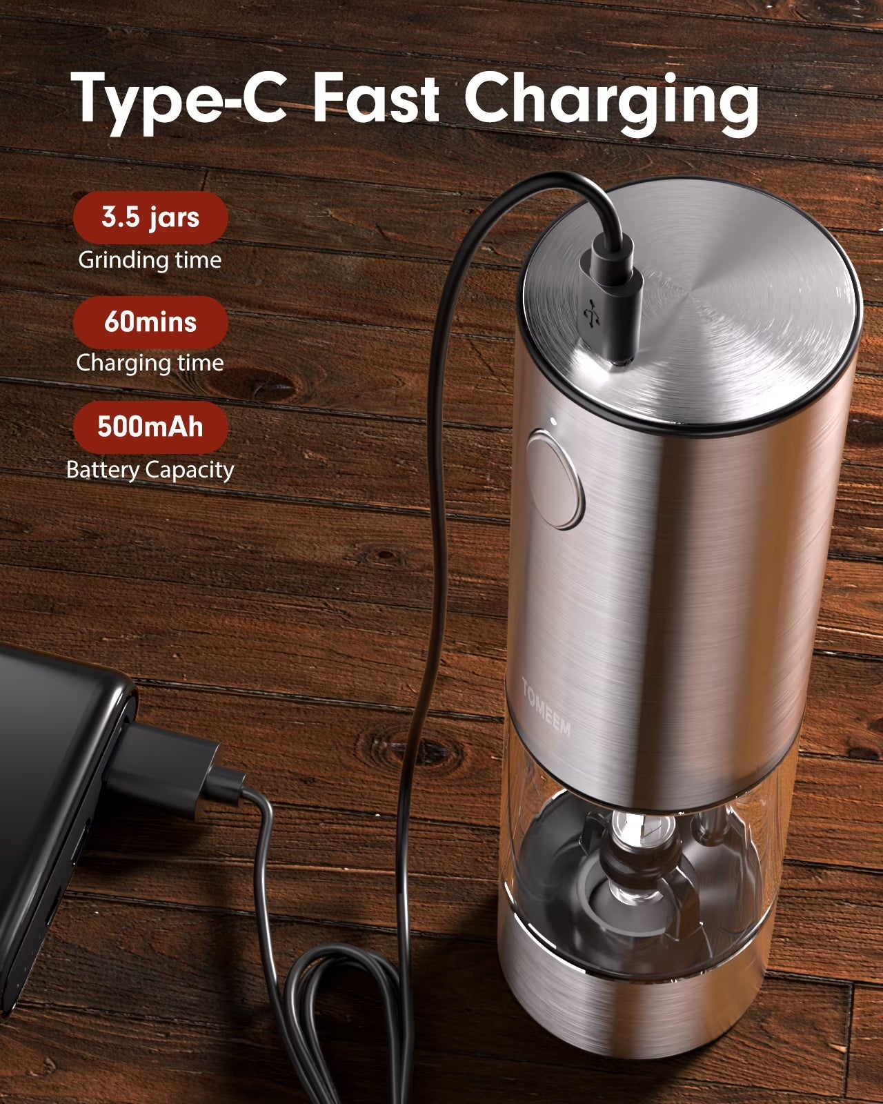 Electric Salt and Pepper Grinder Set Rechargeable with LED Lights, Stainless Steel Automatic Pepper and Salt Grinder Refillable with 5 Adjustable