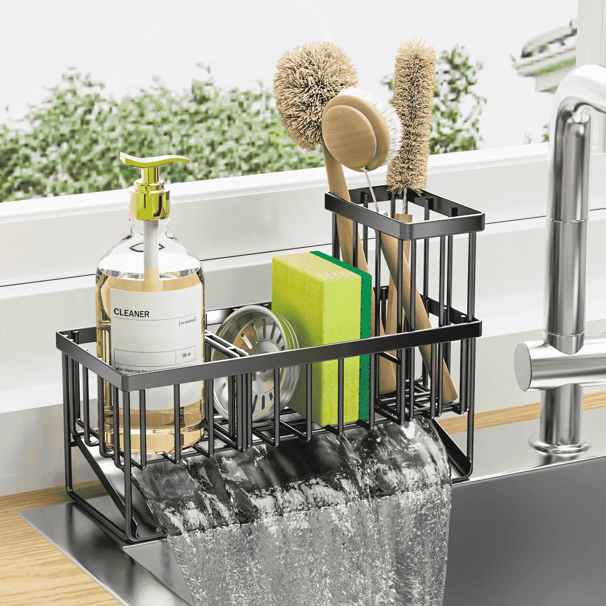 kitchen-sink-caddy-organizer-rust-resistant-sponge-holder-with-brush-holder-and-drain-tray